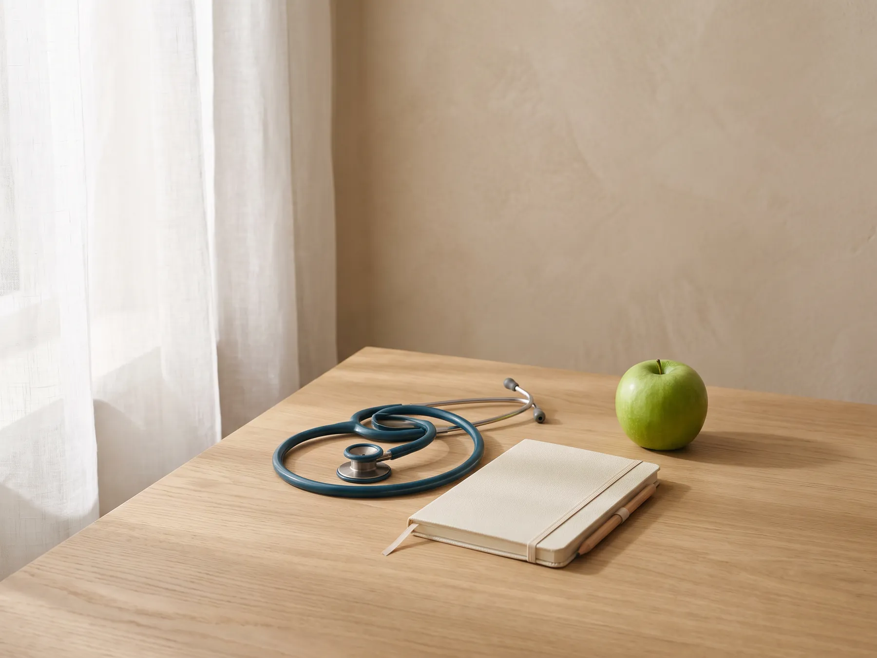 Stethoskop, Notizbuch und ein grüner Apfel auf einem Holztisch am Fenster